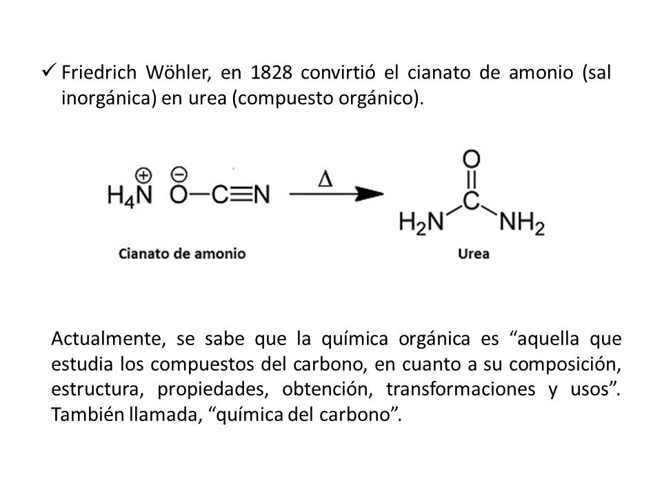 Friedrich Wöhler, en 1828 convirtió el cianato de amonio (sal inorgánica) en urea (compuesto orgánico).