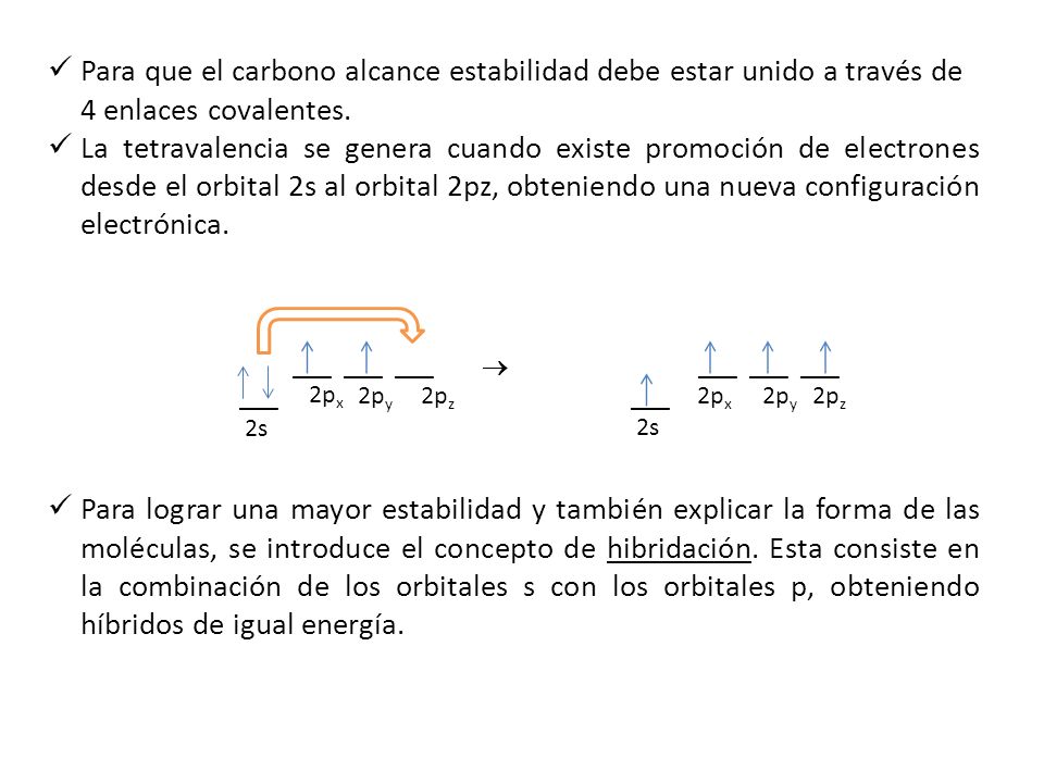 Para que el carbono alcance estabilidad debe estar unido a través de 4 enlaces covalentes.