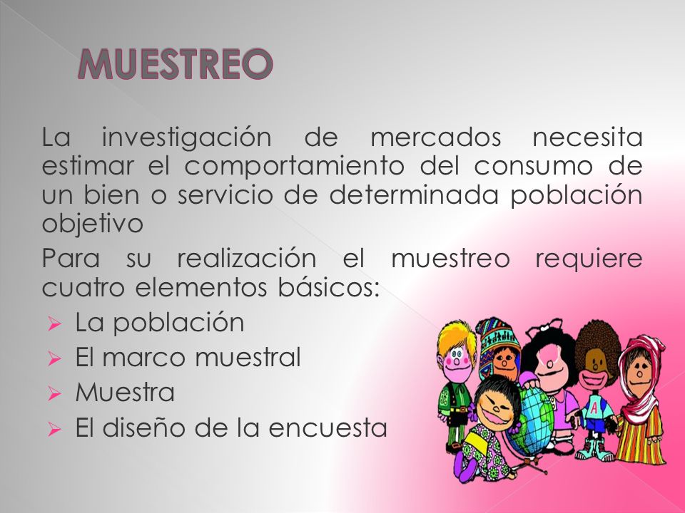 MUESTREO La investigación de mercados necesita estimar el comportamiento del consumo de un bien o servicio de determinada población objetivo.