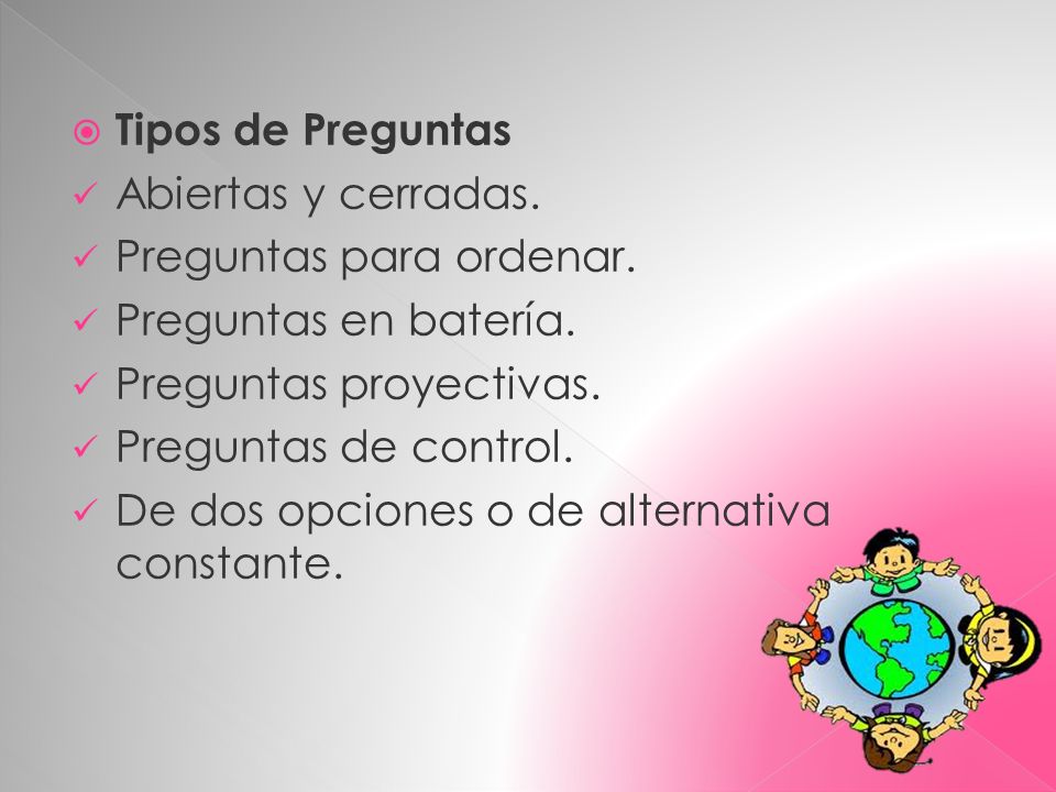 Tipos de Preguntas Abiertas y cerradas. Preguntas para ordenar. Preguntas en batería. Preguntas proyectivas.