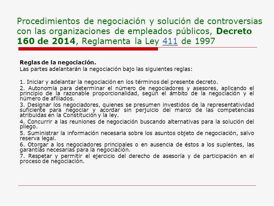 Procedimientos de negociación y solución de controversias con las organizaciones de empleados públicos, Decreto 160 de 2014, Reglamenta la Ley 411 de 1997
