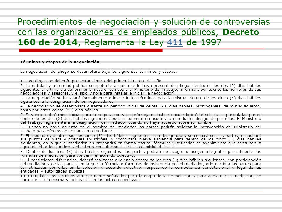 Procedimientos de negociación y solución de controversias con las organizaciones de empleados públicos, Decreto 160 de 2014, Reglamenta la Ley 411 de 1997