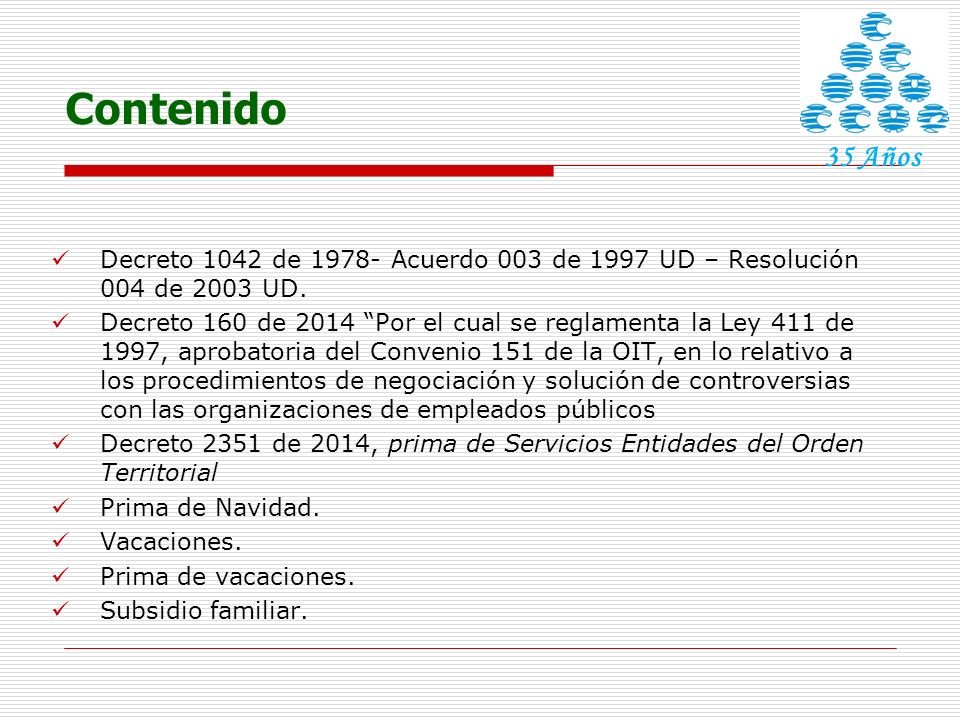 Contenido 35 Años. Decreto 1042 de Acuerdo 003 de 1997 UD – Resolución 004 de 2003 UD.