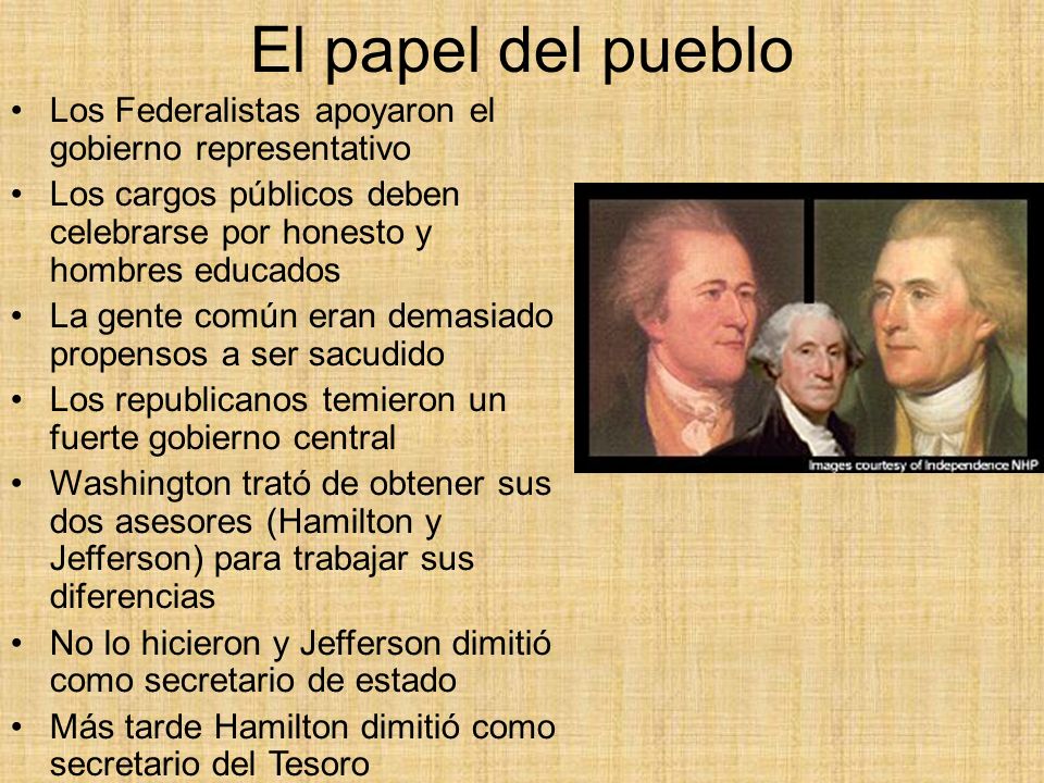 El papel del pueblo Los Federalistas apoyaron el gobierno representativo. Los cargos públicos deben celebrarse por honesto y hombres educados.