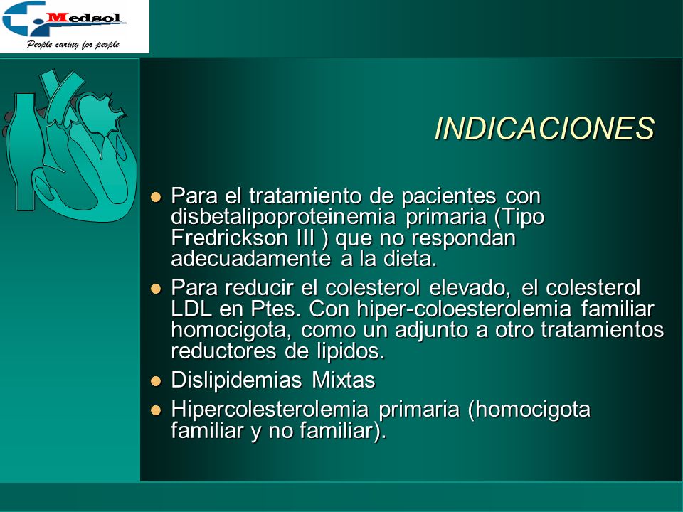 INDICACIONES Para el tratamiento de pacientes con disbetalipoproteinemia primaria (Tipo Fredrickson III ) que no respondan adecuadamente a la dieta.