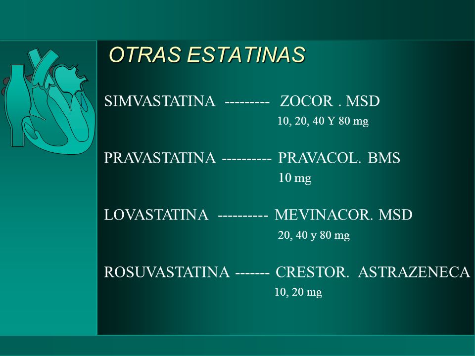 OTRAS ESTATINAS SIMVASTATINA ZOCOR . MSD 10, 20, 40 Y 80 mg