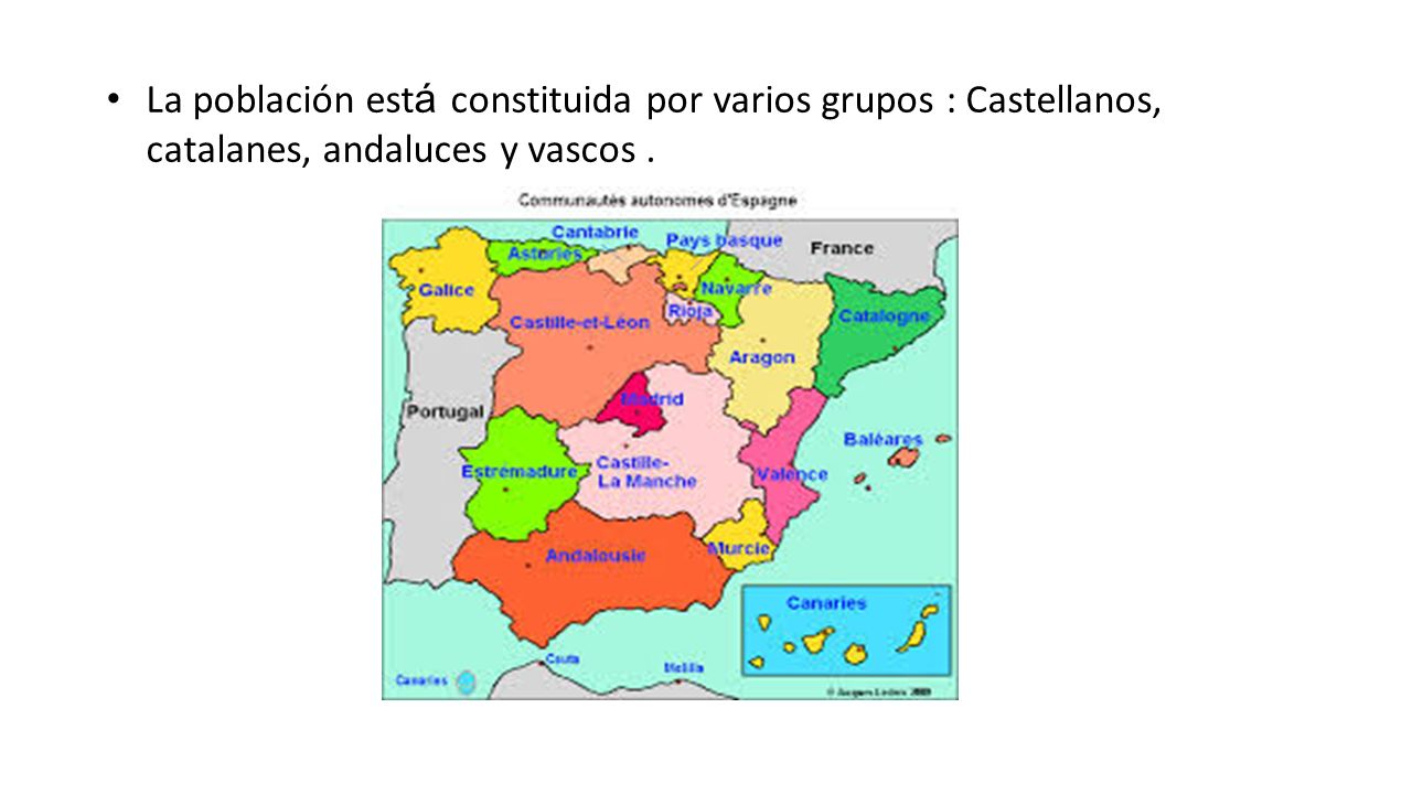 La población está constituida por varios grupos : Castellanos, catalanes, andaluces y vascos .
