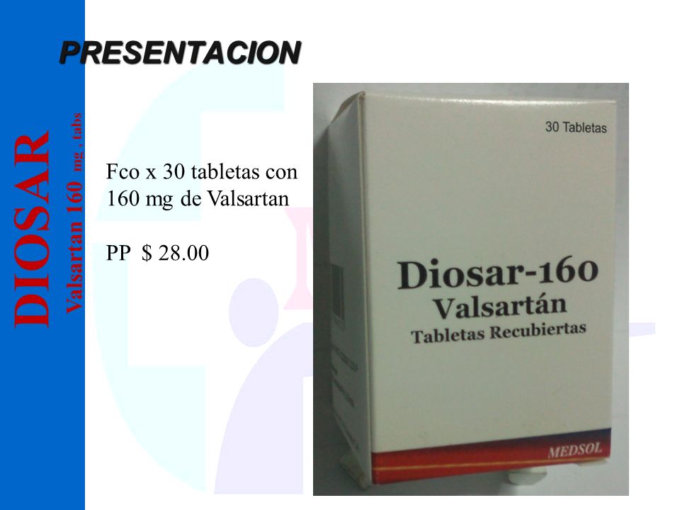 DIOSAR PRESENTACION Fco x 30 tabletas con 160 mg de Valsartan