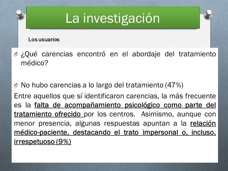 La investigación Los usuarios. ¿Qué carencias encontró en el abordaje del tratamiento médico No hubo carencias a lo largo del tratamiento (47%)
