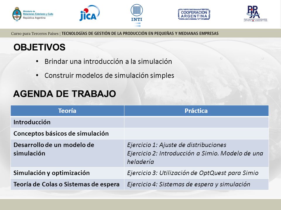 OBJETIVOS AGENDA DE TRABAJO Brindar una introducción a la simulación