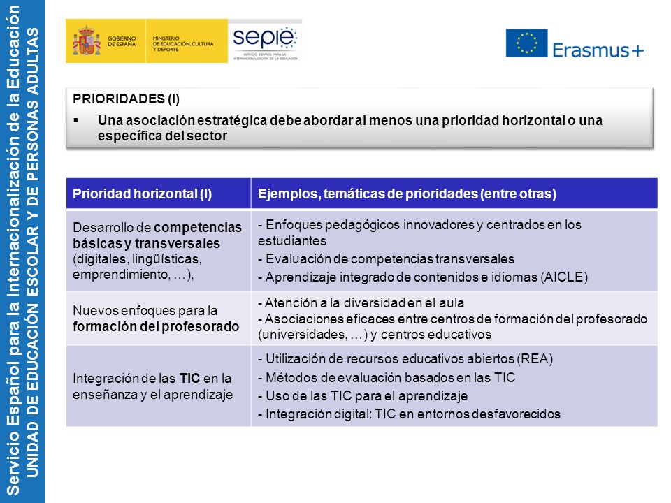 PRIORIDADES (I) Una asociación estratégica debe abordar al menos una prioridad horizontal o una específica del sector.