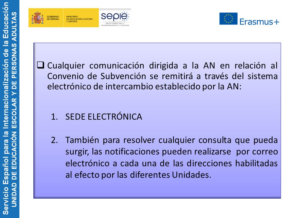 Cualquier comunicación dirigida a la AN en relación al Convenio de Subvención se remitirá a través del sistema electrónico de intercambio establecido por la AN: