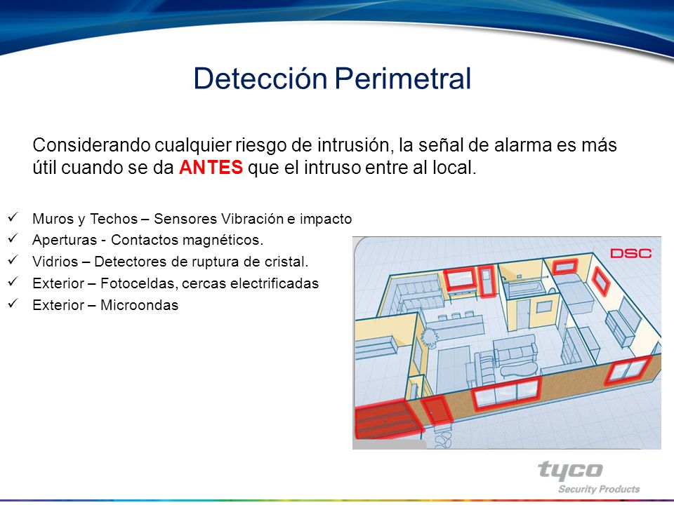 Detección Perimetral Considerando cualquier riesgo de intrusión, la señal de alarma es más útil cuando se da ANTES que el intruso entre al local.