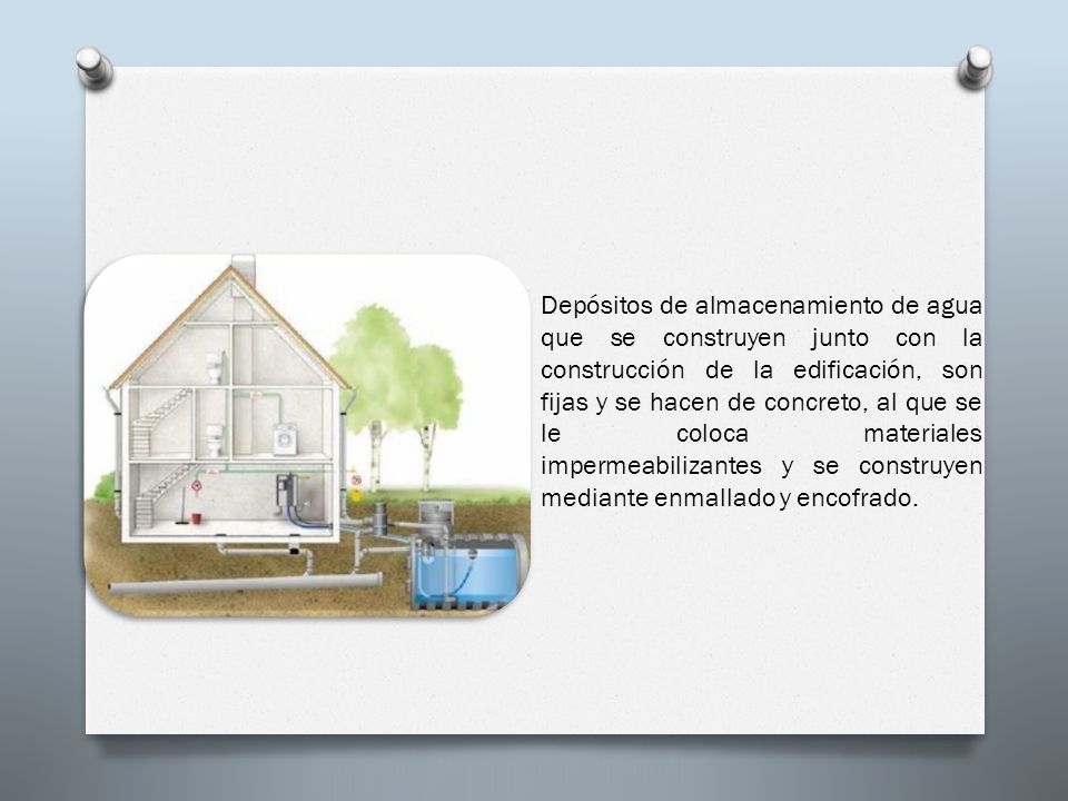 Depósitos de almacenamiento de agua que se construyen junto con la construcción de la edificación, son fijas y se hacen de concreto, al que se le coloca materiales impermeabilizantes y se construyen mediante enmallado y encofrado.