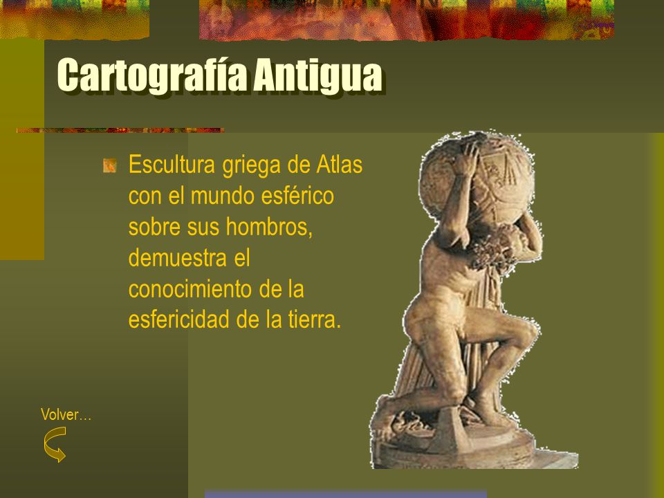 Cartografía Antigua Escultura griega de Atlas con el mundo esférico sobre sus hombros, demuestra el conocimiento de la esfericidad de la tierra.