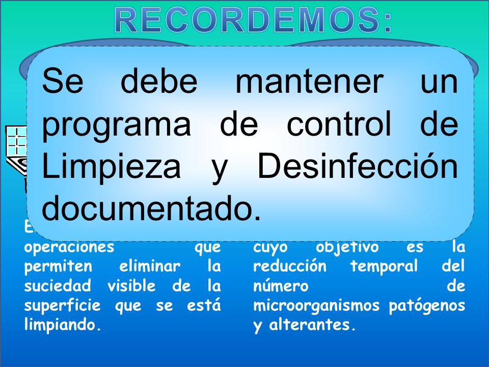 RECORDEMOS: LIMPIEZA. DESINFECCIÓN. Se debe mantener un programa de control de Limpieza y Desinfección documentado.