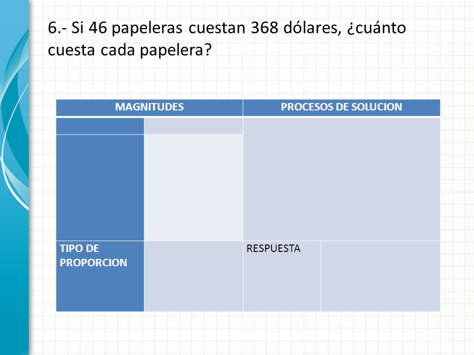 6.- Si 46 papeleras cuestan 368 dólares, ¿cuánto cuesta cada papelera