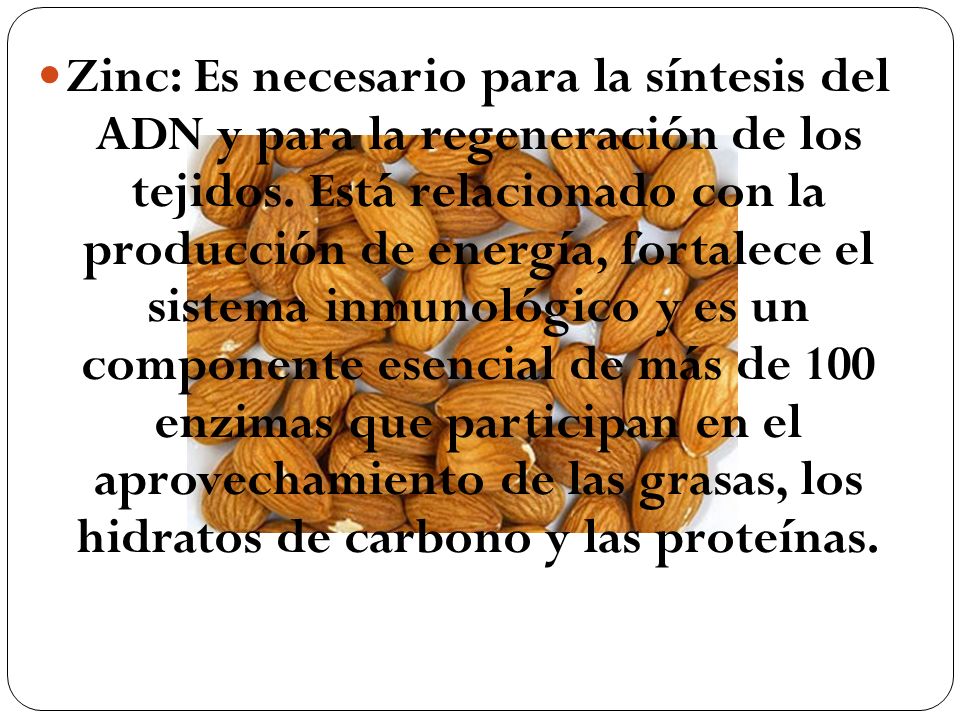 Zinc: Es necesario para la síntesis del ADN y para la regeneración de los tejidos.