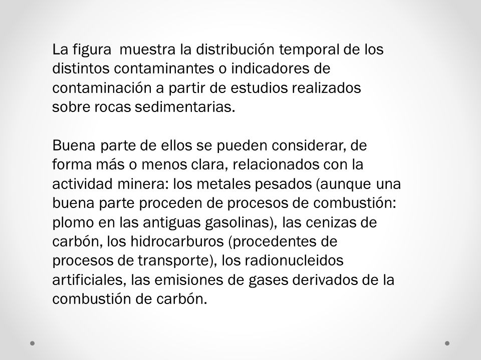 La figura muestra la distribución temporal de los distintos contaminantes o indicadores de contaminación a partir de estudios realizados sobre rocas sedimentarias.