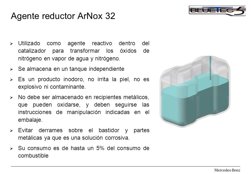 Agente reductor ArNox 32 Utilizado como agente reactivo dentro del catalizador para transformar los óxidos de nitrógeno en vapor de agua y nitrógeno.