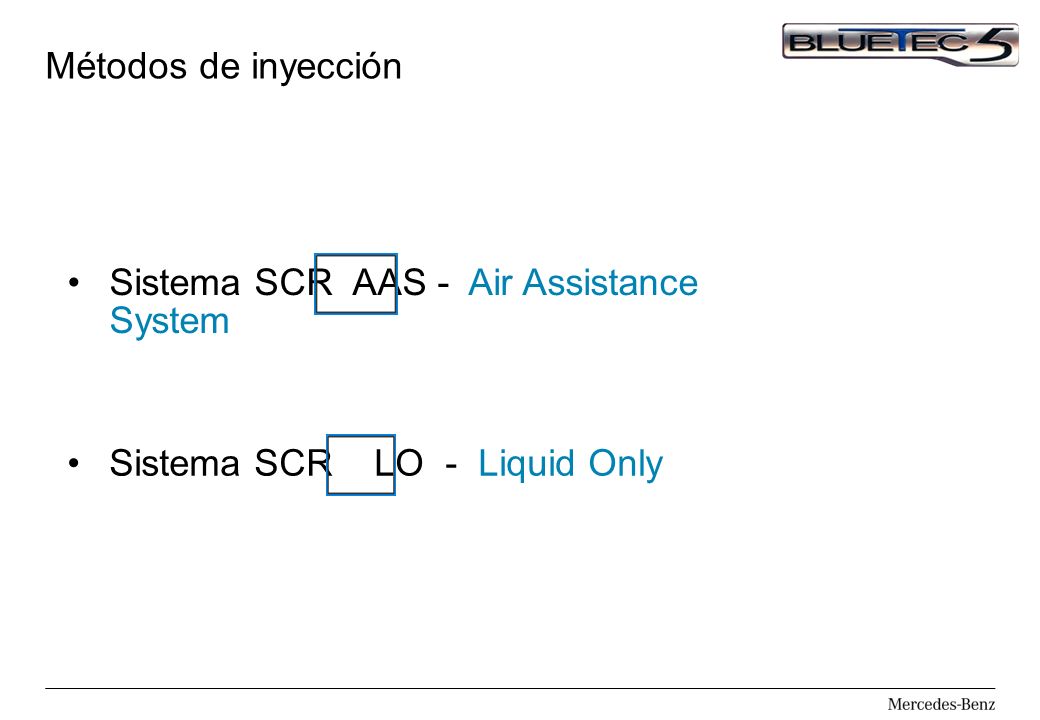 Métodos de inyección Sistema SCR AAS - Air Assistance System Sistema SCR LO - Liquid Only