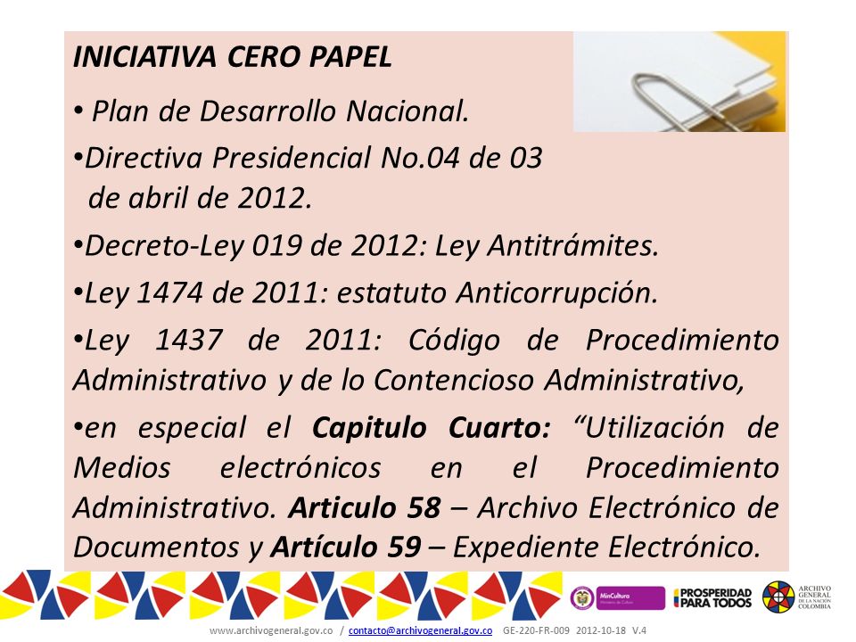 INICIATIVA CERO PAPEL Plan de Desarrollo Nacional. Directiva Presidencial No.04 de 03. de abril de