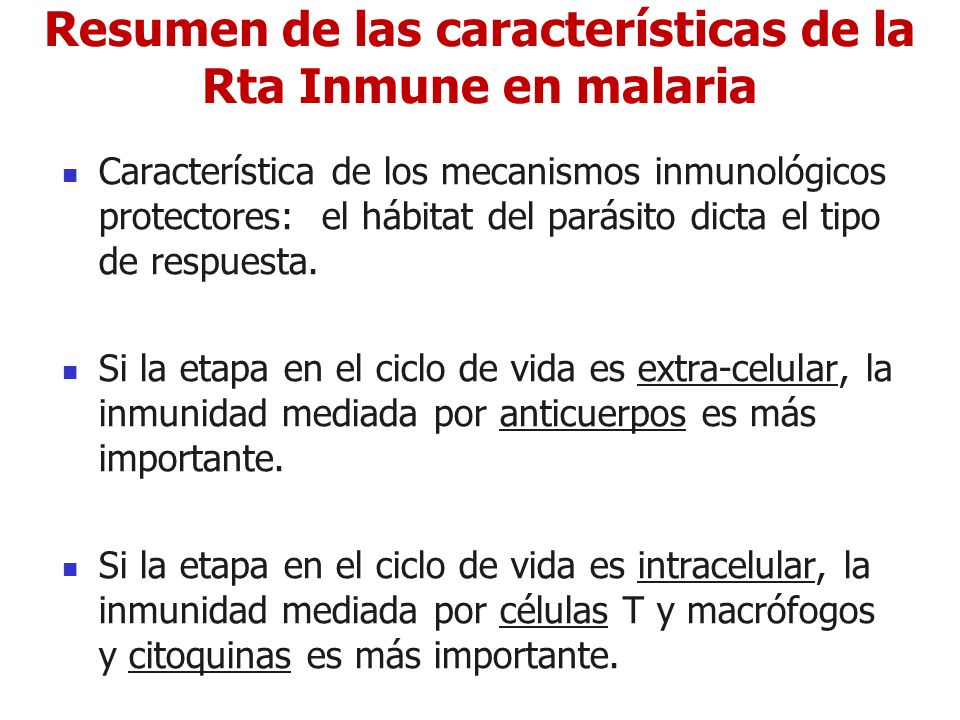 Resumen de las características de la Rta Inmune en malaria