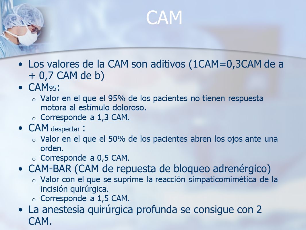 CAM Los valores de la CAM son aditivos (1CAM=0,3CAM de a + 0,7 CAM de b) CAM95: