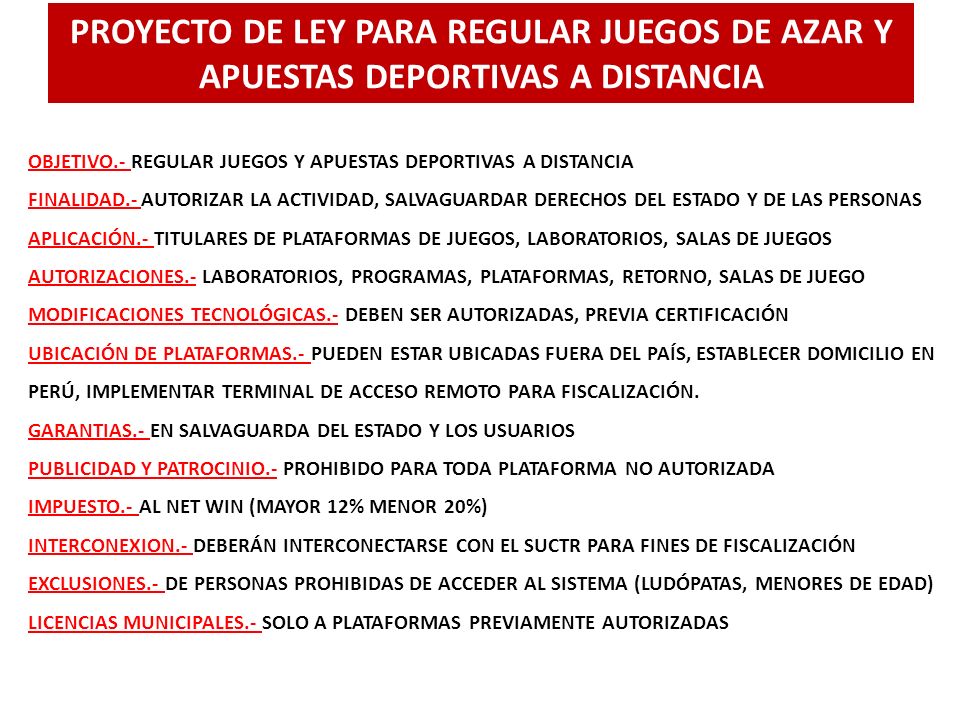 PROYECTO DE LEY PARA REGULAR JUEGOS DE AZAR Y APUESTAS DEPORTIVAS A DISTANCIA