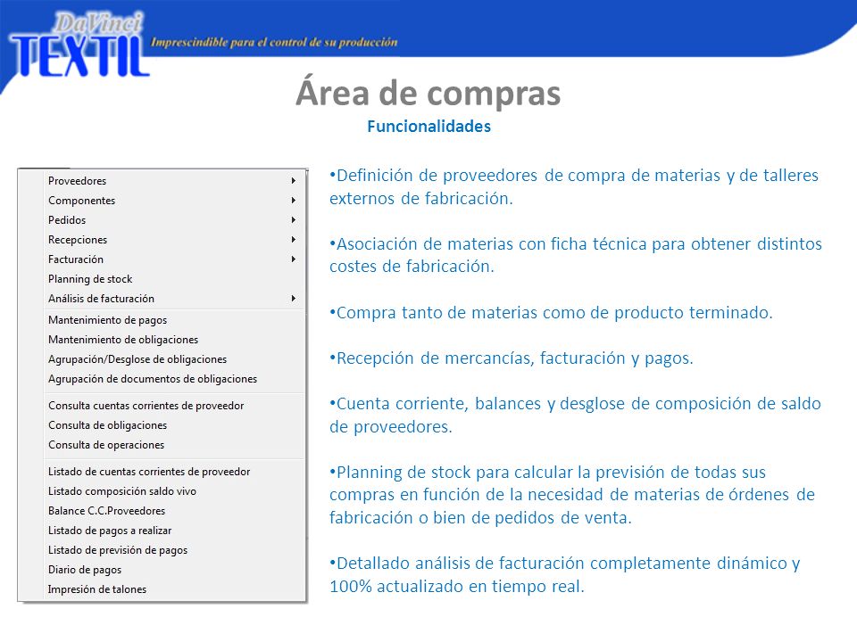 Área de compras Funcionalidades