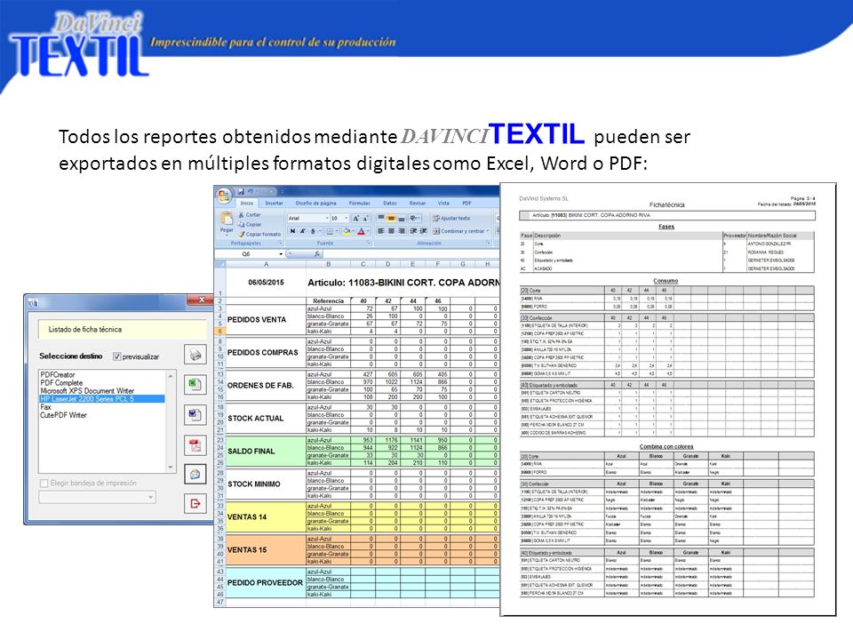 Todos los reportes obtenidos mediante DAVINCITEXTIL pueden ser exportados en múltiples formatos digitales como Excel, Word o PDF: