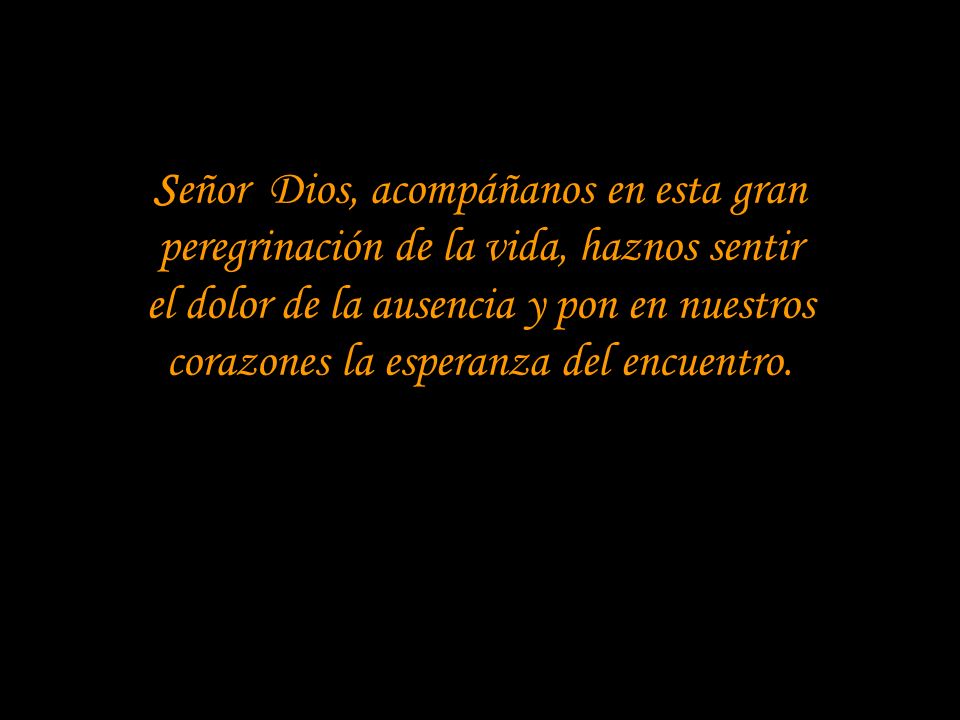 Señor Dios, acompáñanos en esta gran peregrinación de la vida, haznos sentir el dolor de la ausencia y pon en nuestros corazones la esperanza del encuentro.