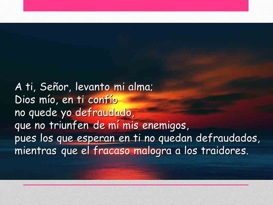 A ti, Señor, levanto mi alma; Dios mío, en ti confío no quede yo defraudado, que no triunfen de mí mis enemigos, pues los que esperan en ti no quedan defraudados, mientras que el fracaso malogra a los traidores.