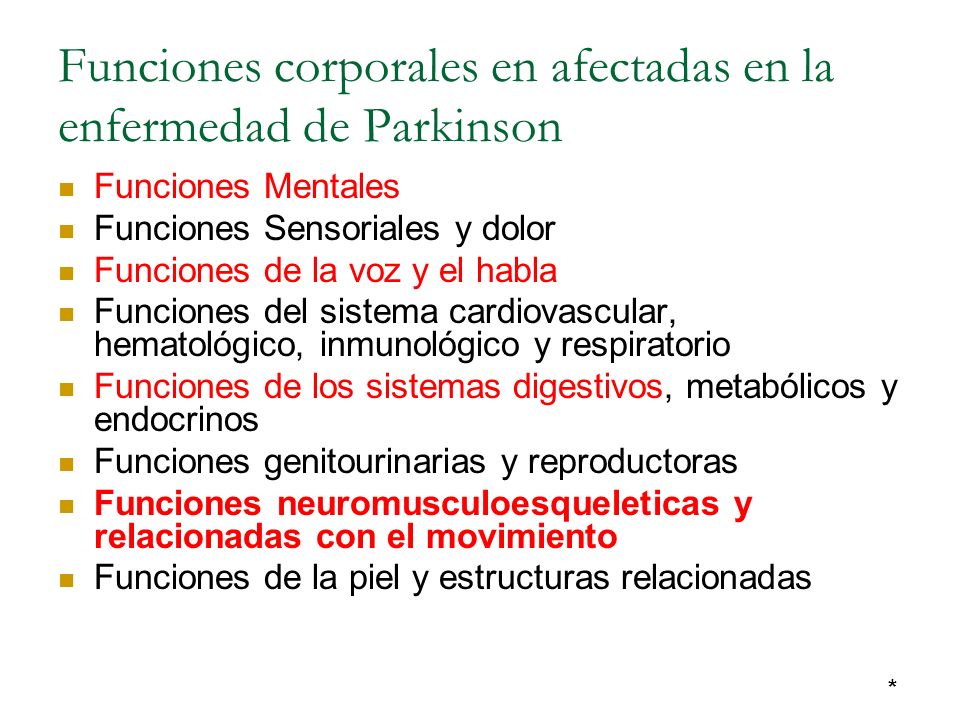 Funciones corporales en afectadas en la enfermedad de Parkinson
