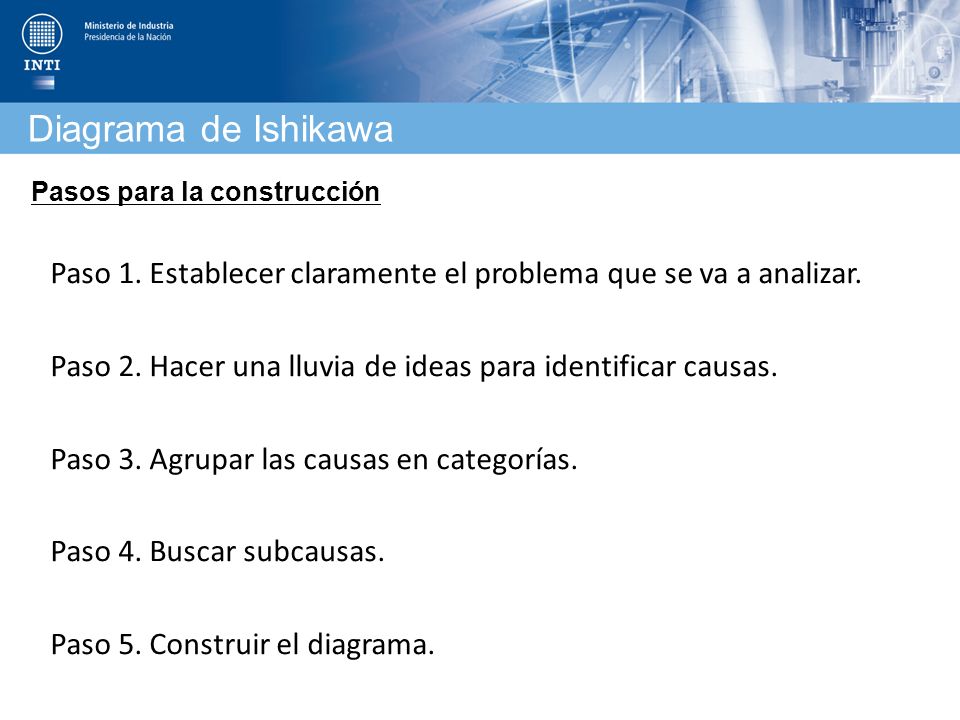 Diagrama de Ishikawa Pasos para la construcción. Paso 1. Establecer claramente el problema que se va a analizar.