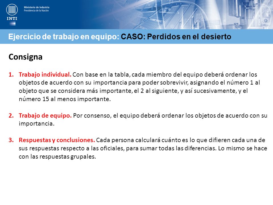 Consigna Ejercicio de trabajo en equipo: CASO: Perdidos en el desierto
