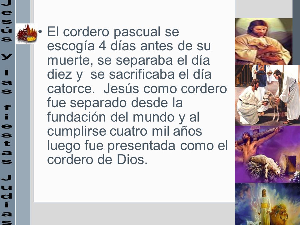 El cordero pascual se escogía 4 días antes de su muerte, se separaba el día diez y se sacrificaba el día catorce. Jesús como cordero fue separado desde la fundación del mundo y al cumplirse cuatro mil años luego fue presentada como el cordero de Dios.