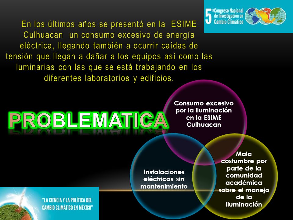 En los últimos años se presentó en la ESIME Culhuacan un consumo excesivo de energía eléctrica, llegando también a ocurrir caídas de tensión que llegan a dañar a los equipos así como las luminarias con las que se está trabajando en los diferentes laboratorios y edificios.
