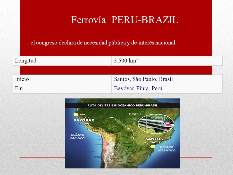 Ferrovía PERU-BRAZIL -el congreso declara de necesidad pública y de interés nacional. Longitud km1.