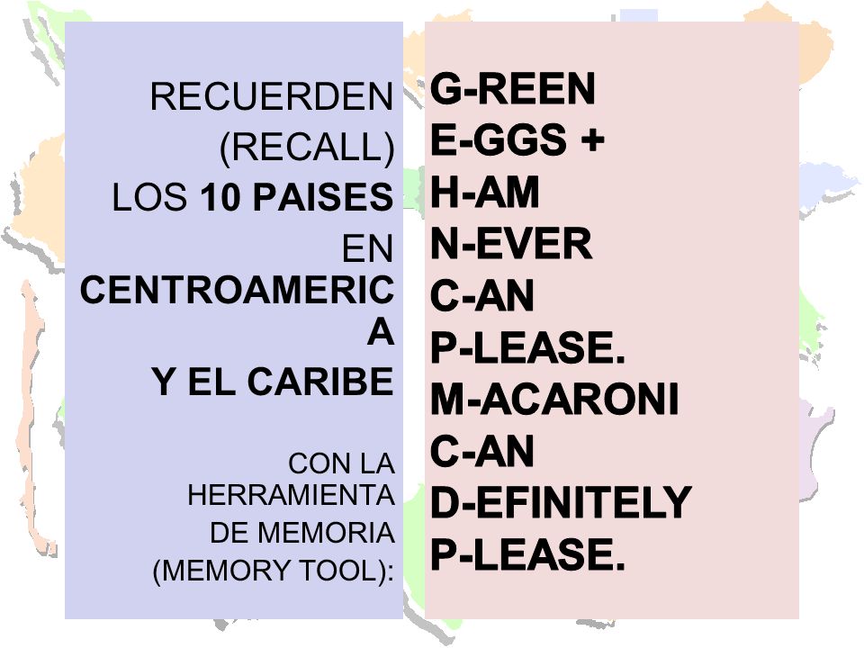 RECUERDEN (RECALL) LOS 10 PAISES. EN CENTROAMERICA. Y EL CARIBE. CON LA HERRAMIENTA. DE MEMORIA.