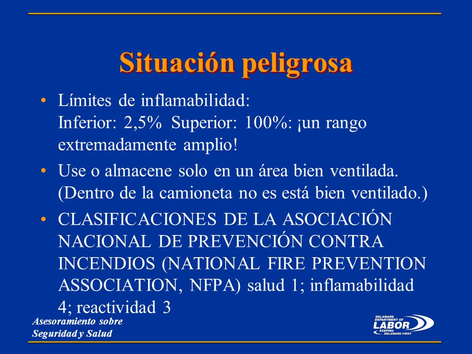 Situación peligrosa Límites de inflamabilidad: Inferior: 2,5% Superior: 100%: ¡un rango extremadamente amplio!