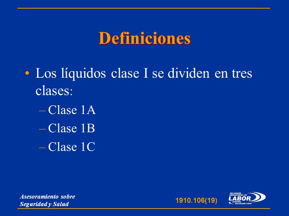 Definiciones Los líquidos clase I se dividen en tres clases: Clase 1A