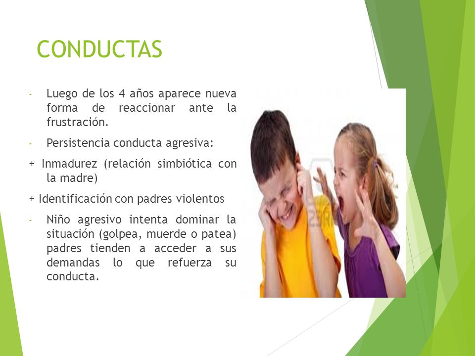 CONDUCTAS Luego de los 4 años aparece nueva forma de reaccionar ante la frustración. Persistencia conducta agresiva: