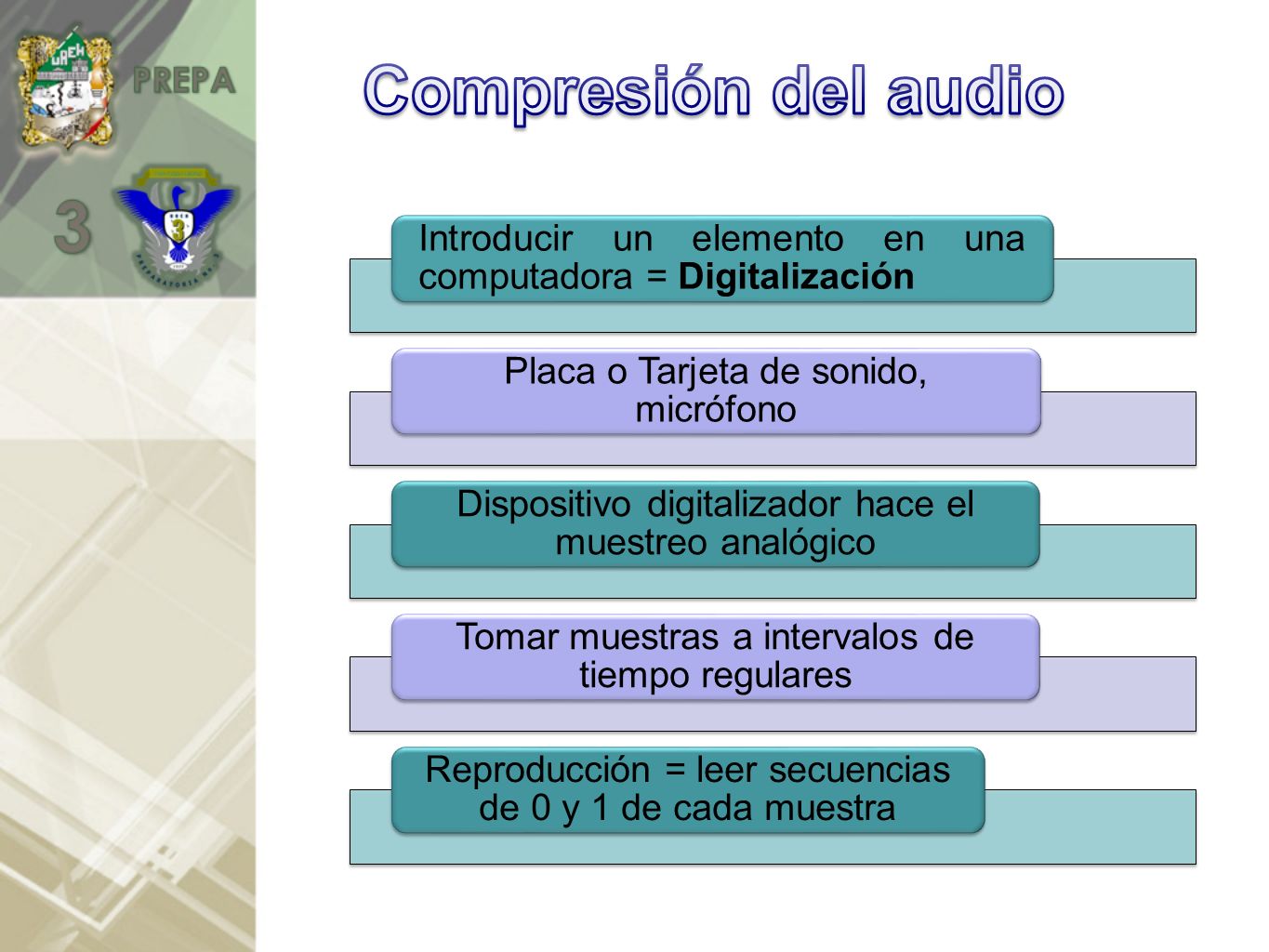 Compresión del audio Introducir un elemento en una computadora = Digitalización. Placa o Tarjeta de sonido, micrófono.