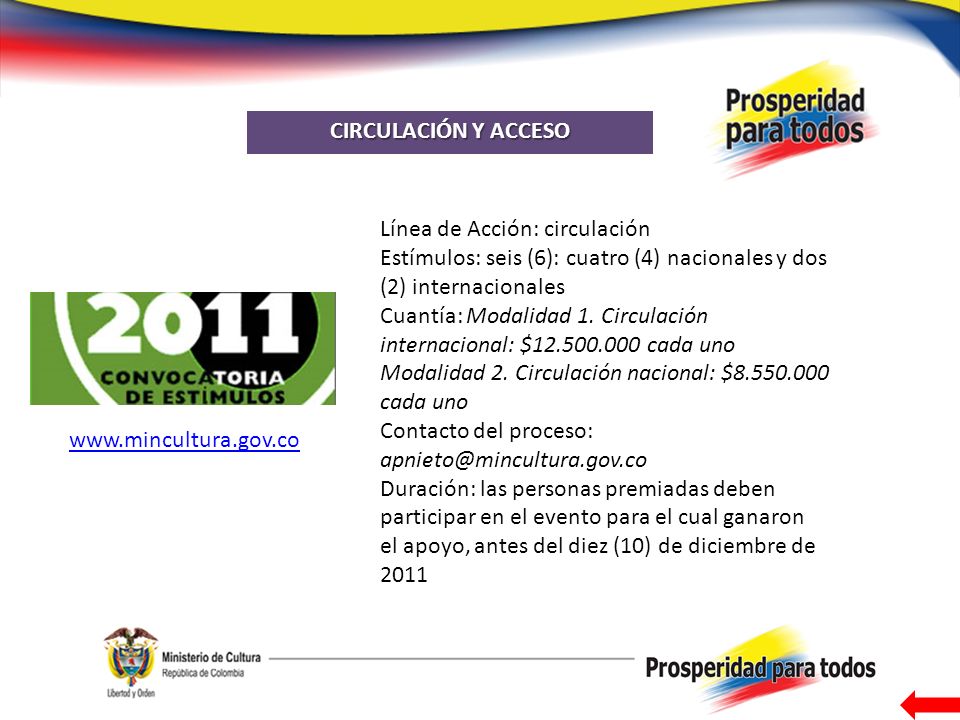 CIRCULACIÓN Y ACCESO Línea de Acción: circulación. Estímulos: seis (6): cuatro (4) nacionales y dos (2) internacionales.