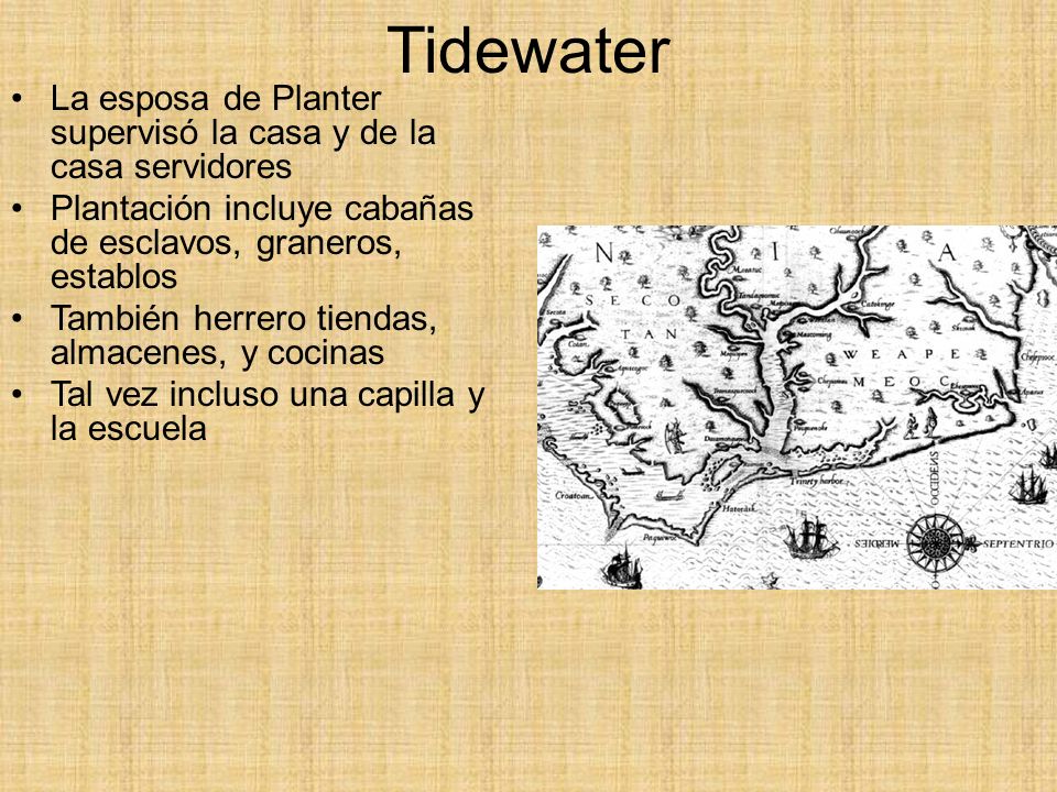 Tidewater La esposa de Planter supervisó la casa y de la casa servidores. Plantación incluye cabañas de esclavos, graneros, establos.