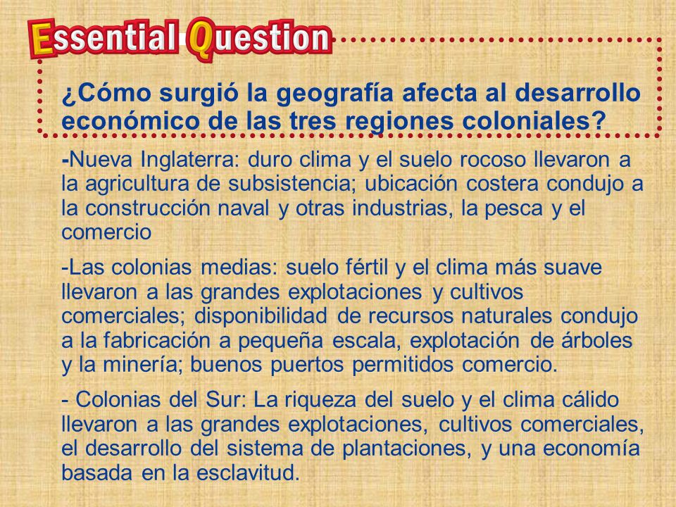 Pregunta Esencial ¿Cómo surgió la geografía afecta al desarrollo económico de las tres regiones coloniales