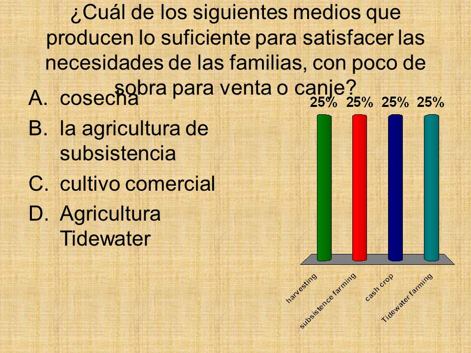 ¿Cuál de los siguientes medios que producen lo suficiente para satisfacer las necesidades de las familias, con poco de sobra para venta o canje