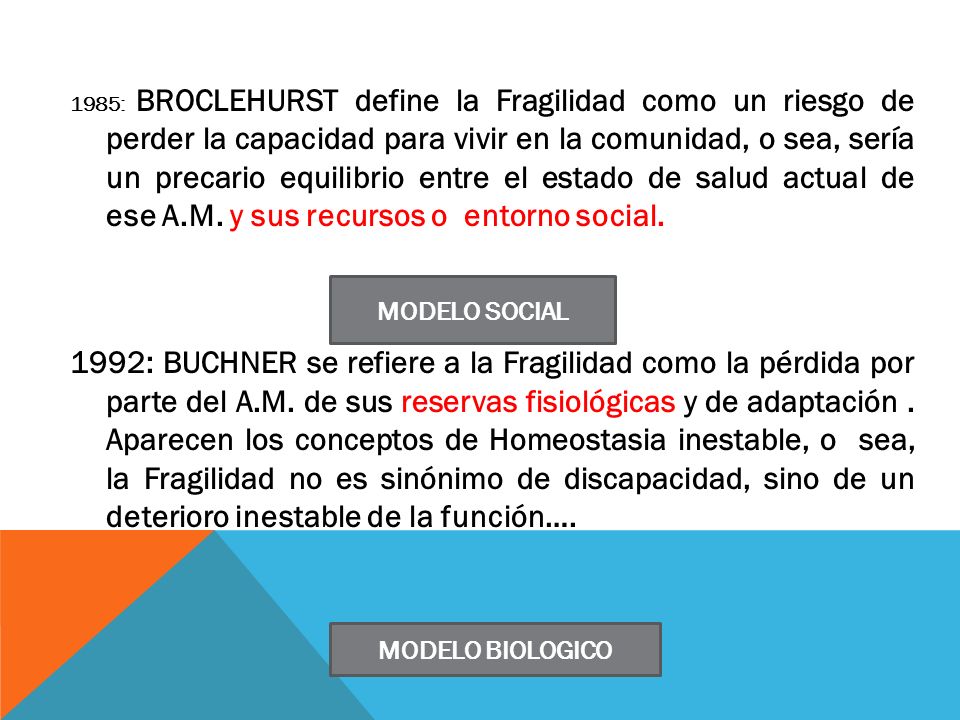 1985: BROCLEHURST define la Fragilidad como un riesgo de perder la capacidad para vivir en la comunidad, o sea, sería un precario equilibrio entre el estado de salud actual de ese A.M. y sus recursos o entorno social.