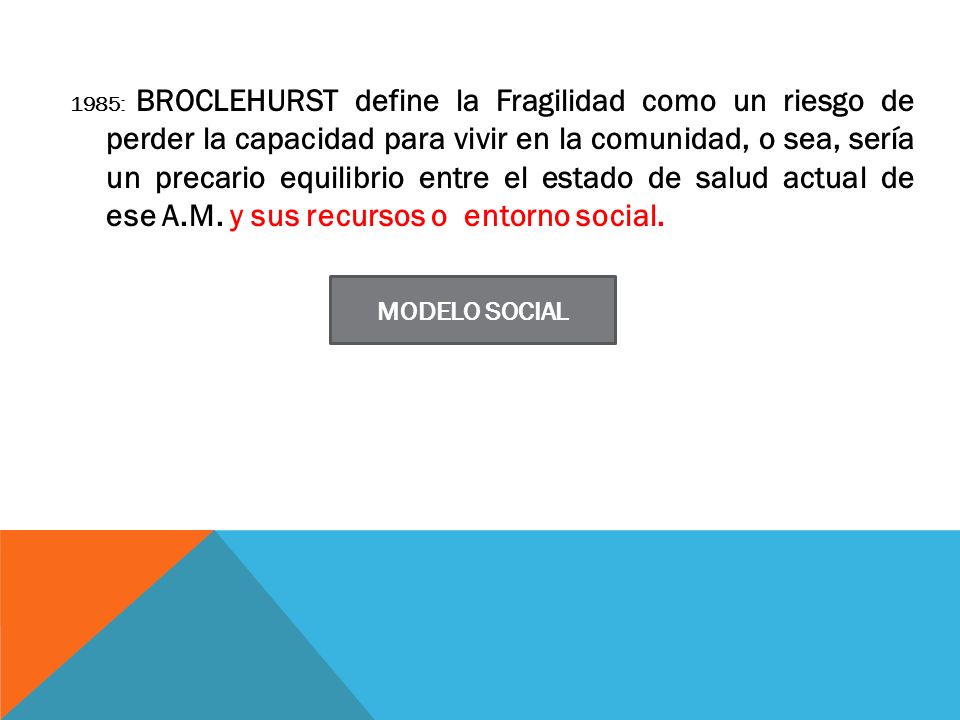 1985: BROCLEHURST define la Fragilidad como un riesgo de perder la capacidad para vivir en la comunidad, o sea, sería un precario equilibrio entre el estado de salud actual de ese A.M. y sus recursos o entorno social.